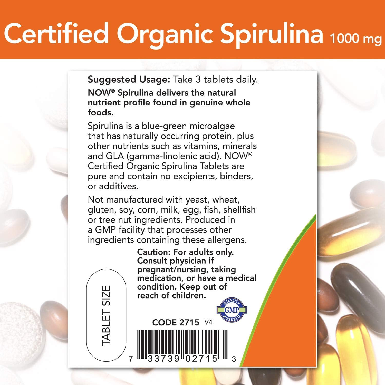 Viên Uống Now Từ Tảo Spirulina 1000mg Giàu Beta-Carotene (Vitamin A) + B-12 + GLA Tự Nhiên (120 Viên)