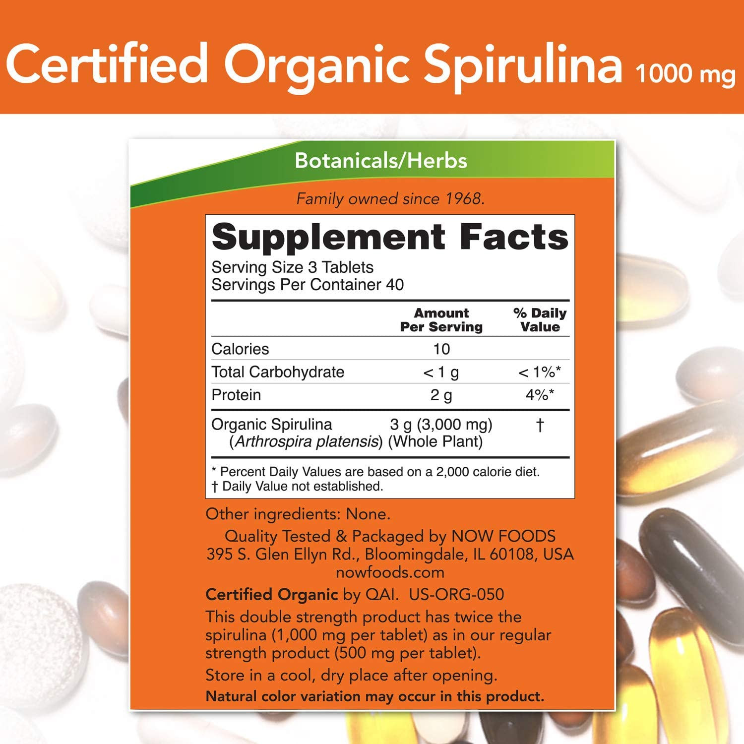 Viên Uống Now Từ Tảo Spirulina 1000mg Giàu Beta-Carotene (Vitamin A) + B-12 + GLA Tự Nhiên (120 Viên)