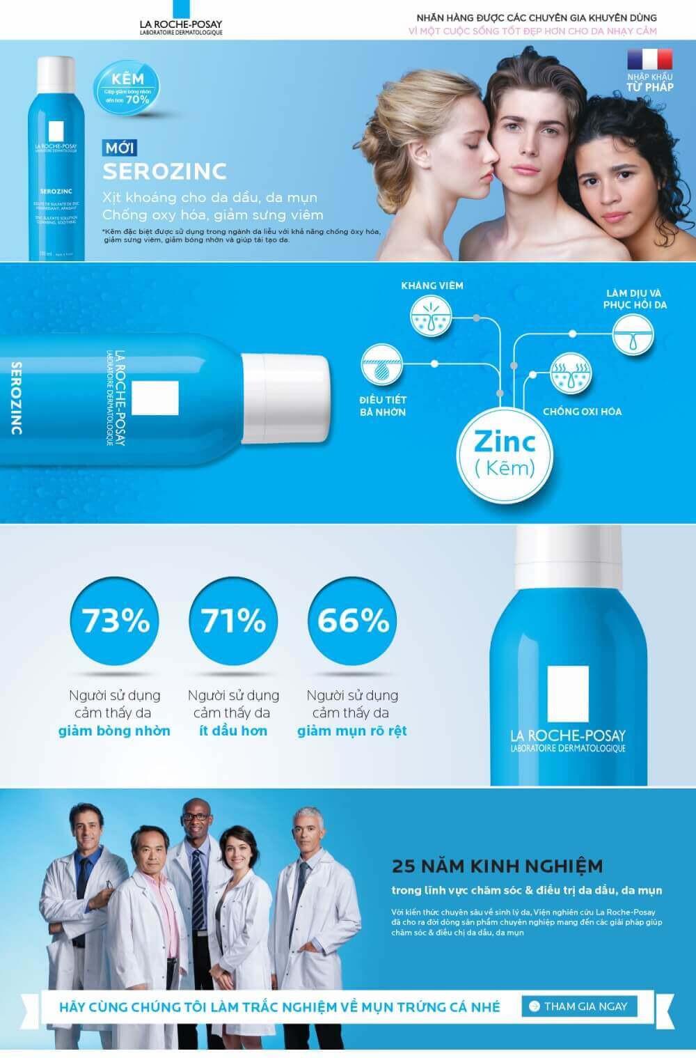 Xịt Khoáng La Roche-Posay Làm Sạch & Dịu Da Dầu Mụn 150ml Serozinc Zinc Sulfate Solution Cleansing, Soothing