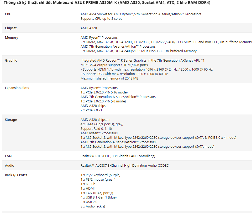 Mainboard ASUS PRIME A320M-K (AMD A320, Socket AM4, ATX, 2 khe RAM DDR4) 1