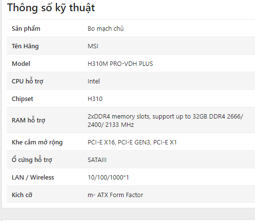 Mainboard MSI H310M PRO-VDH PLUS (Intel H310, Socket 1151, m-ATX, 2 khe RAM DDR4) - Tinker 1