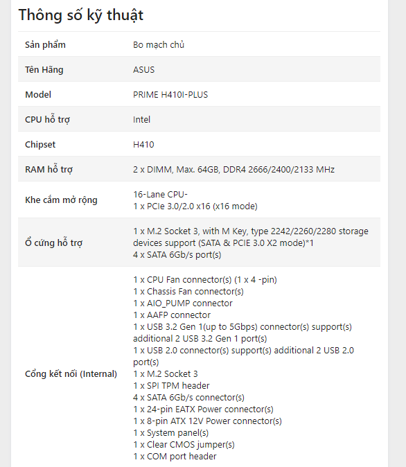 Mainboard ASUS PRIME H410I-PLUS (Intel H410, Socket 1200, Mini-ITX, 2 khe Ram DDR4) - Tinker 1