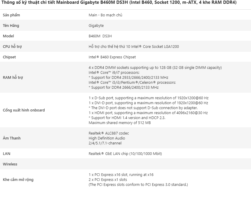 Mainboard Gigabyte B460M DS3H (Intel B460, Socket 1200, m-ATX, 4 khe RAM DDR4) 1