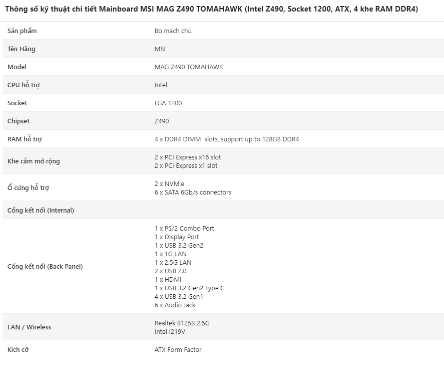 Mainboard MSI MAG Z490 TOMAHAWK (Intel Z490, Socket 1200, ATX, 4 khe RAM DDR4) 1