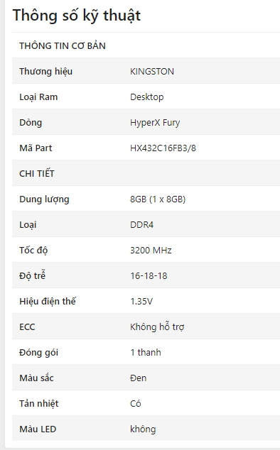Ram Desktop Kingston HyperX Fury (HX432C16FB3/8) 8GB (1x8GB) DDR4 3200Mhz 1