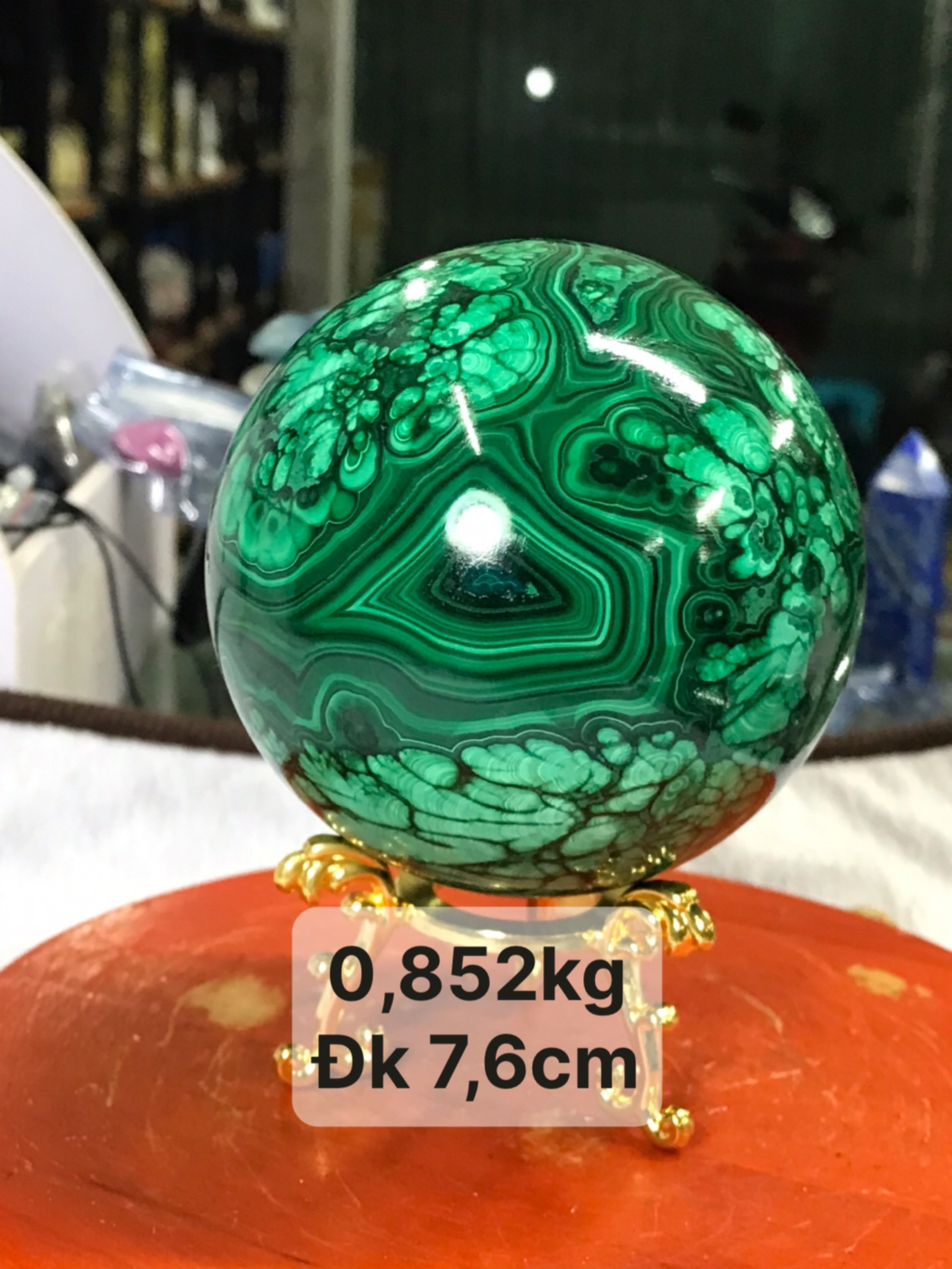 Bi cầu đá khổng tước Malachite đẹp long lanh