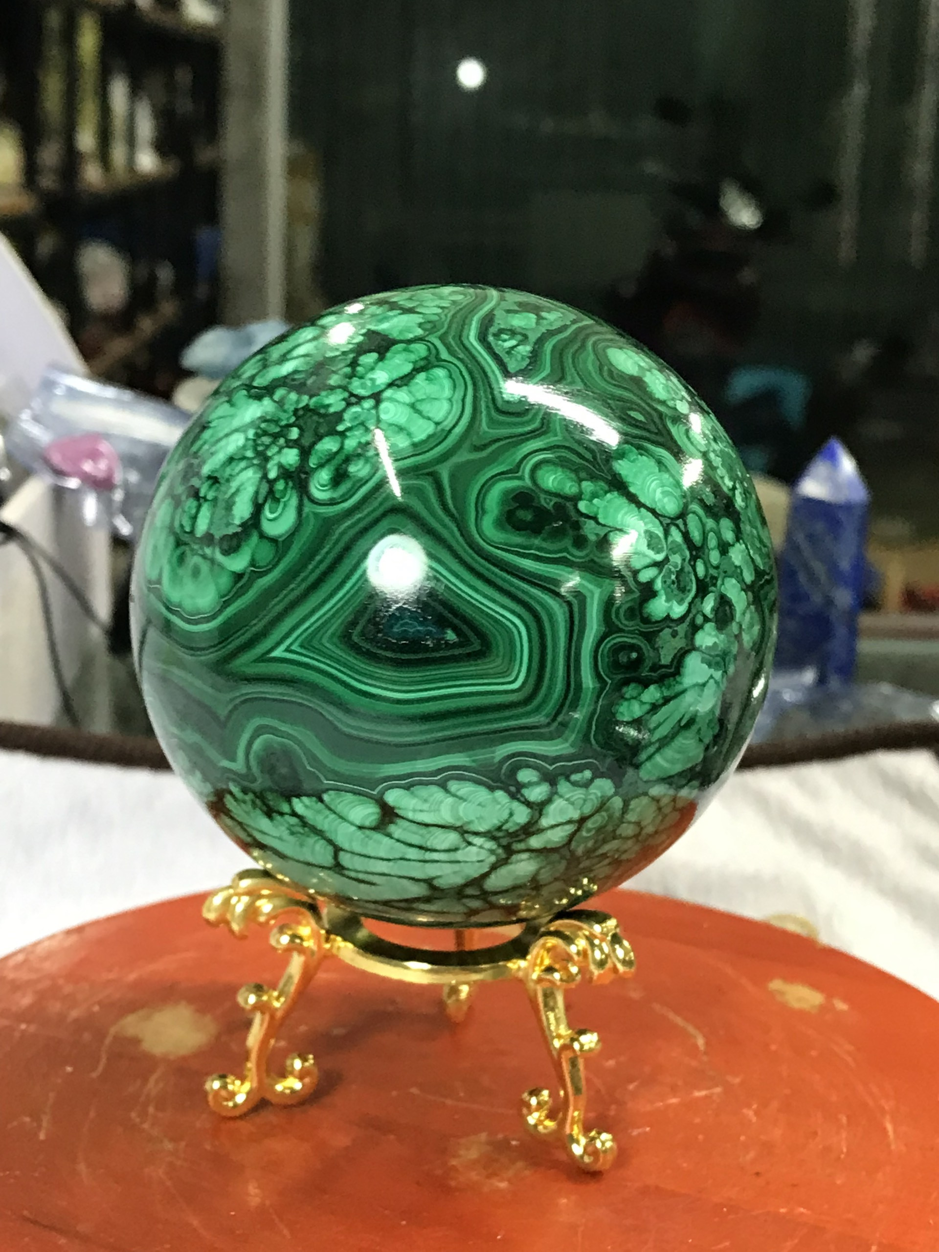 Bi cầu đá khổng tước Malachite đẹp long lanh