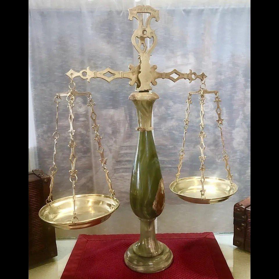 Very large and Very heavy Rare Justice Scale that is brass, Solid green and brown Onyx stone and a mixed metal chain.